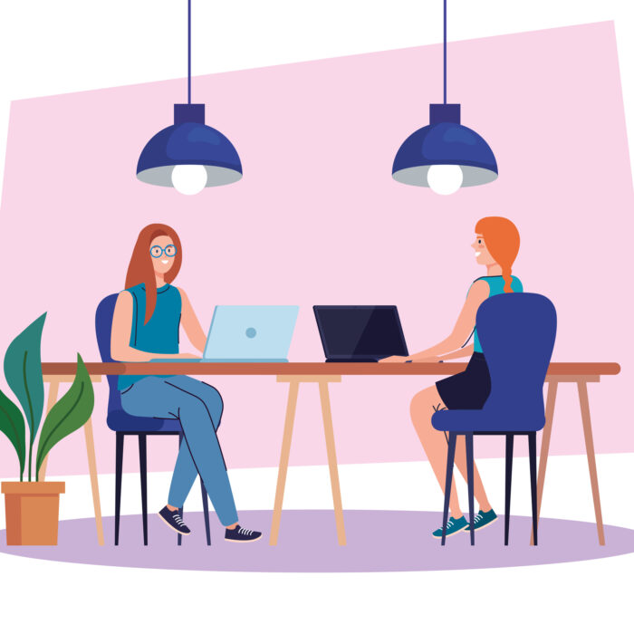 coworking space, women in desk with laptops, team working concept vector illustration design