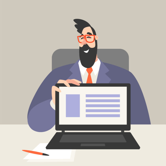 Vector illustration of a man at an office table showing the laptop screen with business presentation. Cartoon character from office life.